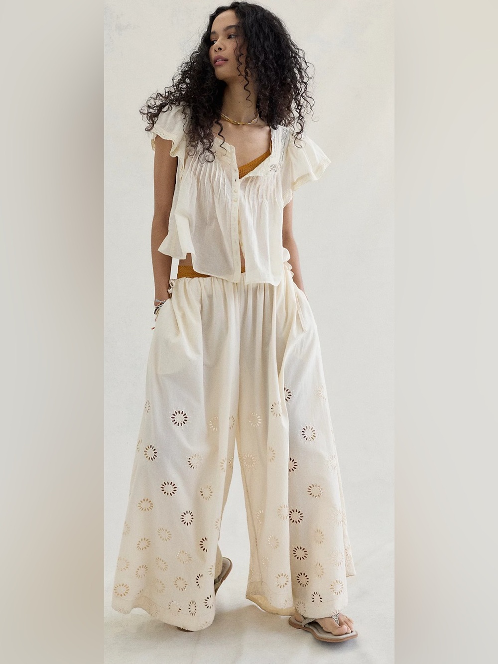 Free People Cream Eyelet Wide-Leg Pants